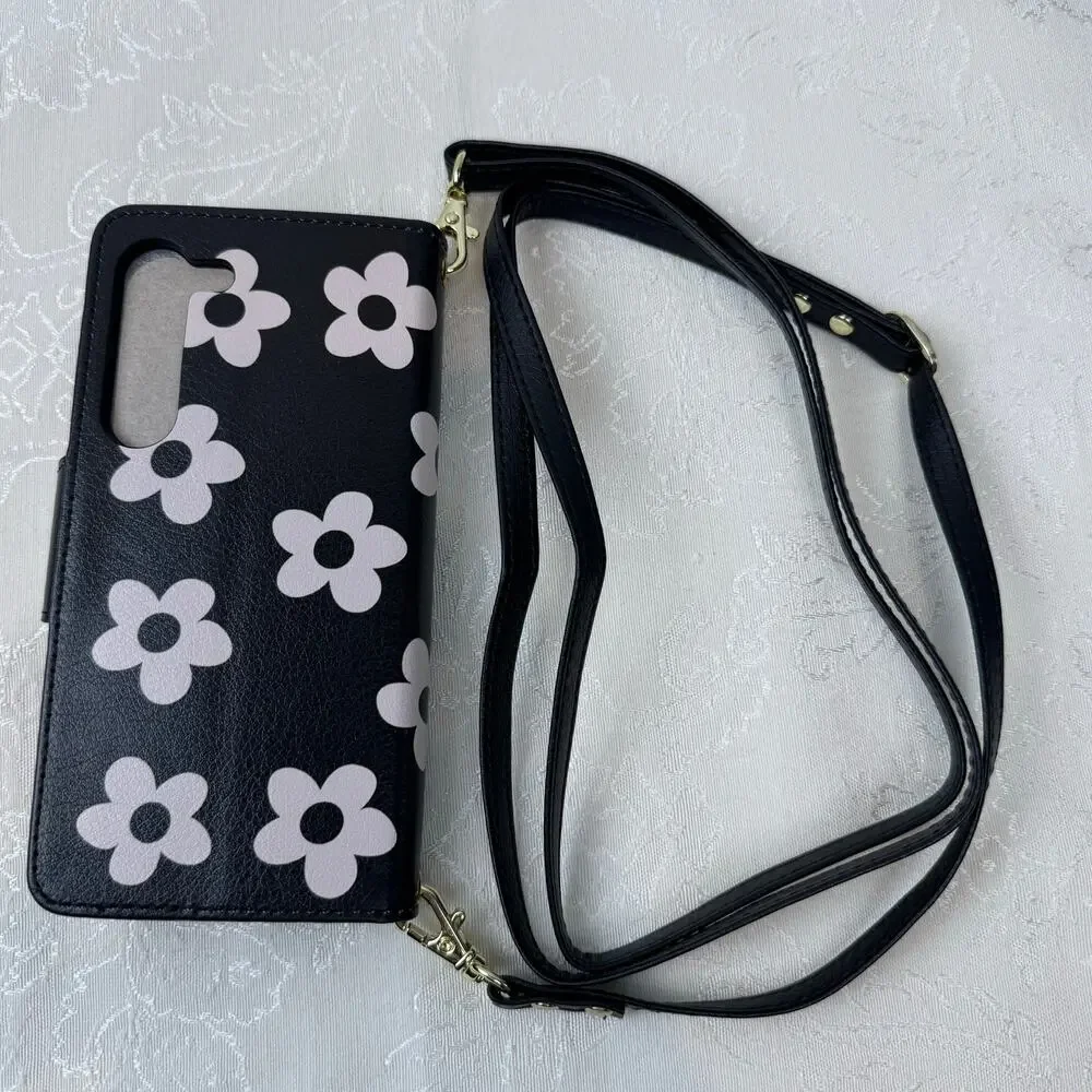 Samsung Galaxy Phone S25 Ultra Wallet Case Black Pink Flowers w/ Wrist Strap